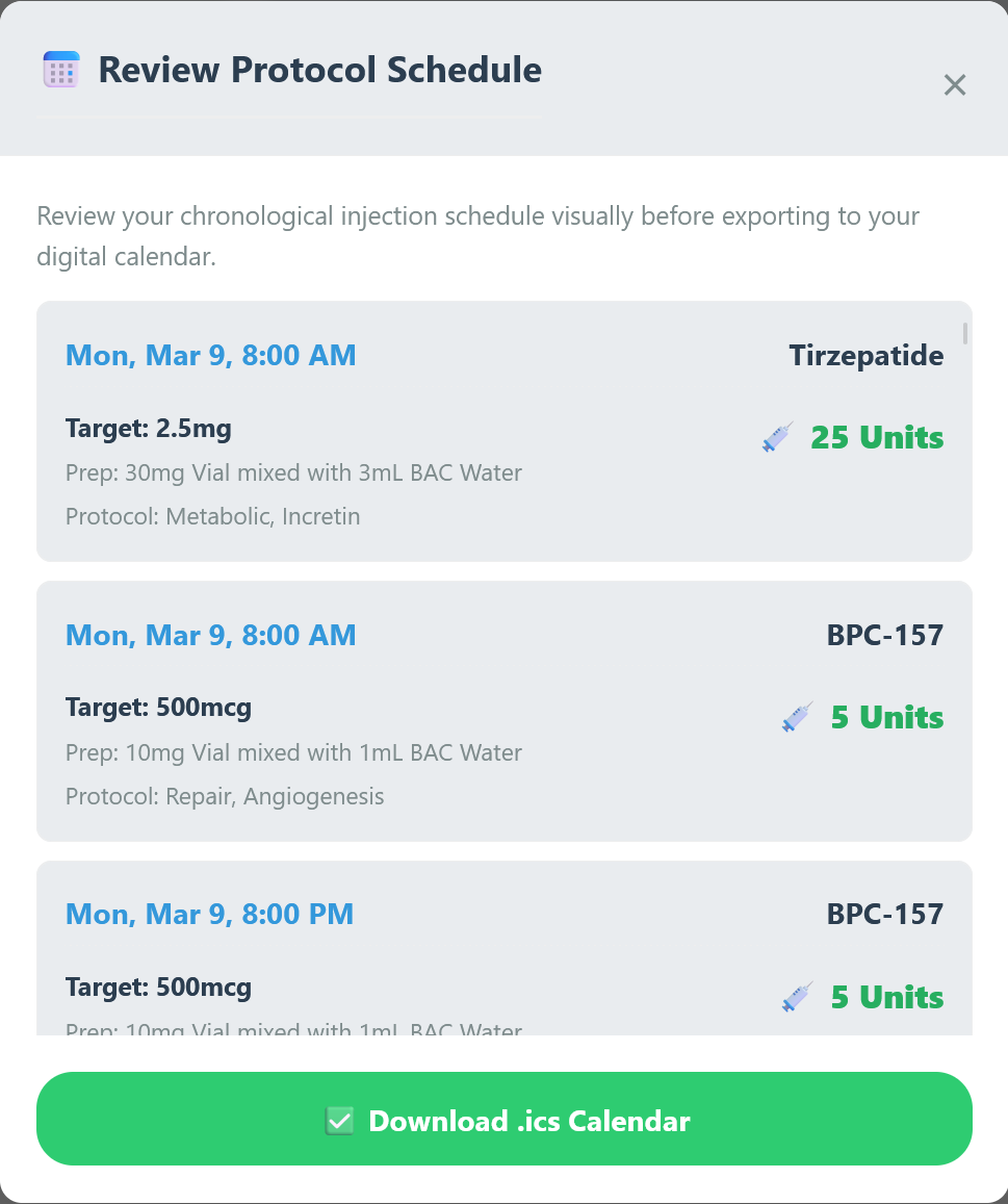 Peptide Protocol Calendar Export Modal